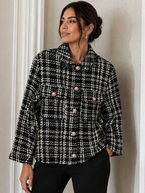 ZARA Black & White Plaid Tweed Pearl Button Oversized Jacket Shacket Medium